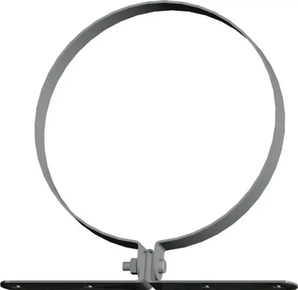 Befestigungsbügel aus Metall mit einem schmalen, runden Ring und montierter Basis. Geeignet für die Luft- und Abgasführung. Produkt von Wolf.